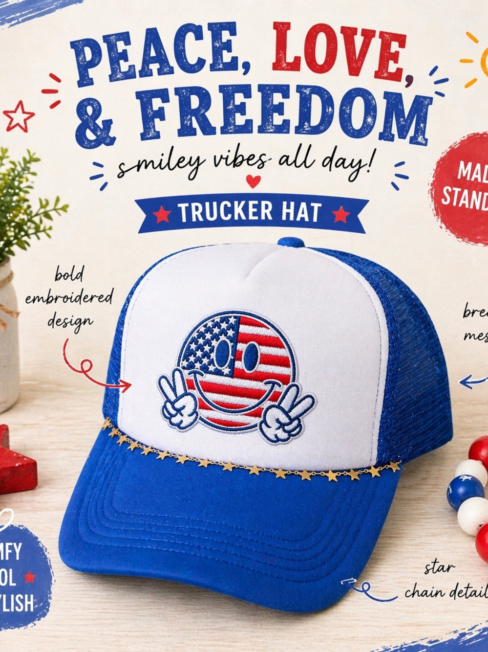 Peace Love & Freedom Trucker Hat - Red, White & Blue